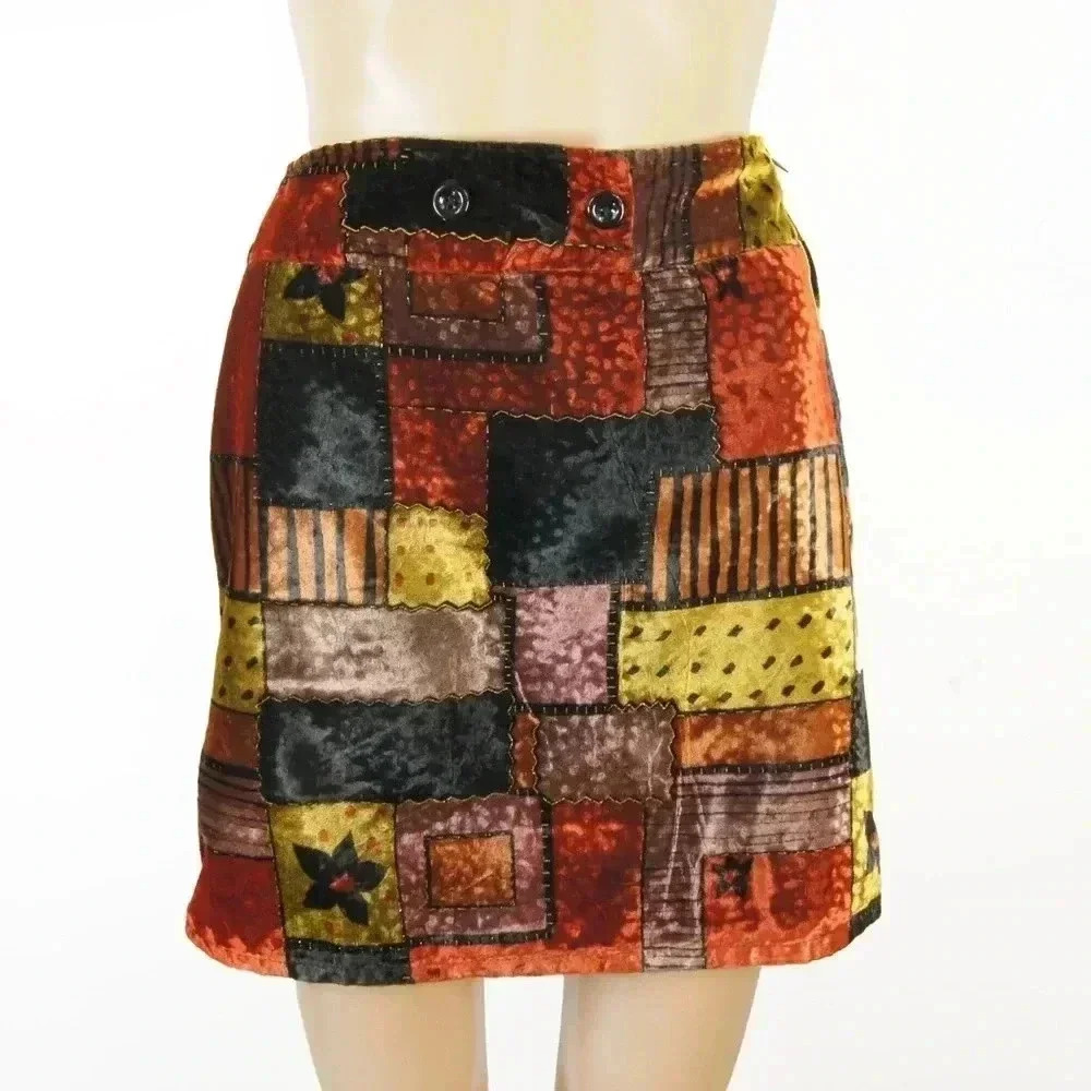 Vintage 90s Exella Paris Orange Black Velvet Patchwork Block Print Mini Skirt